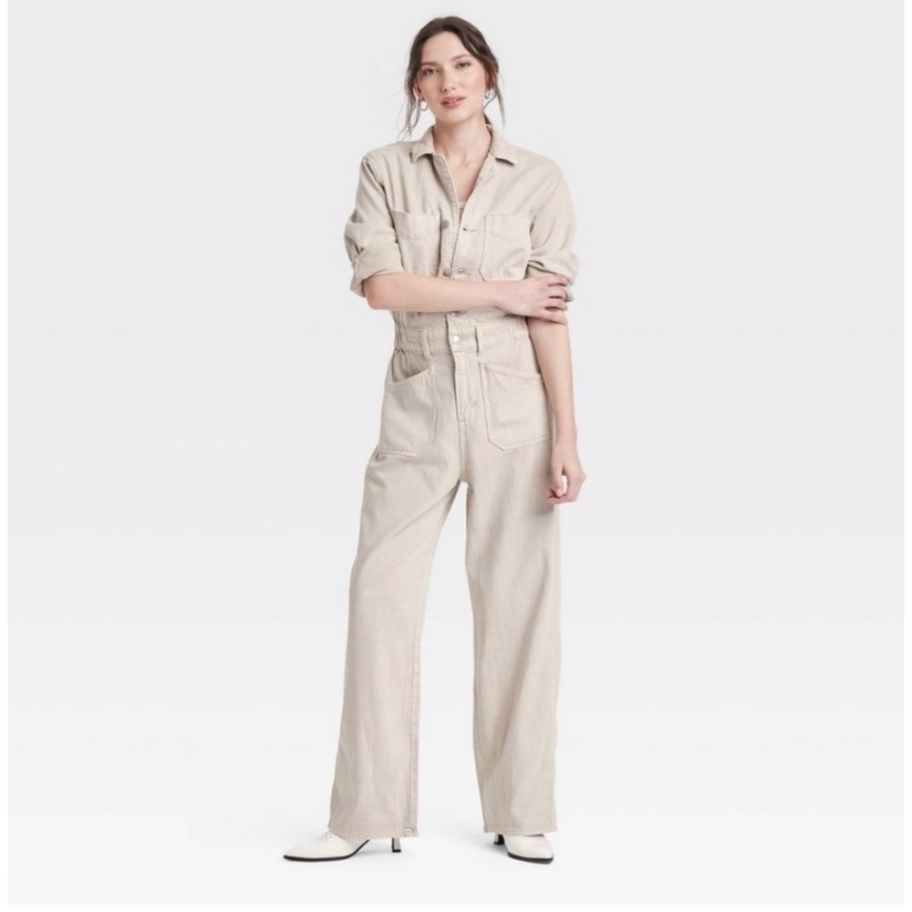 Universal Thread Denim Baggy Jumpsuit 14 Beige NEW Wide Leg Utility Long Sleeve